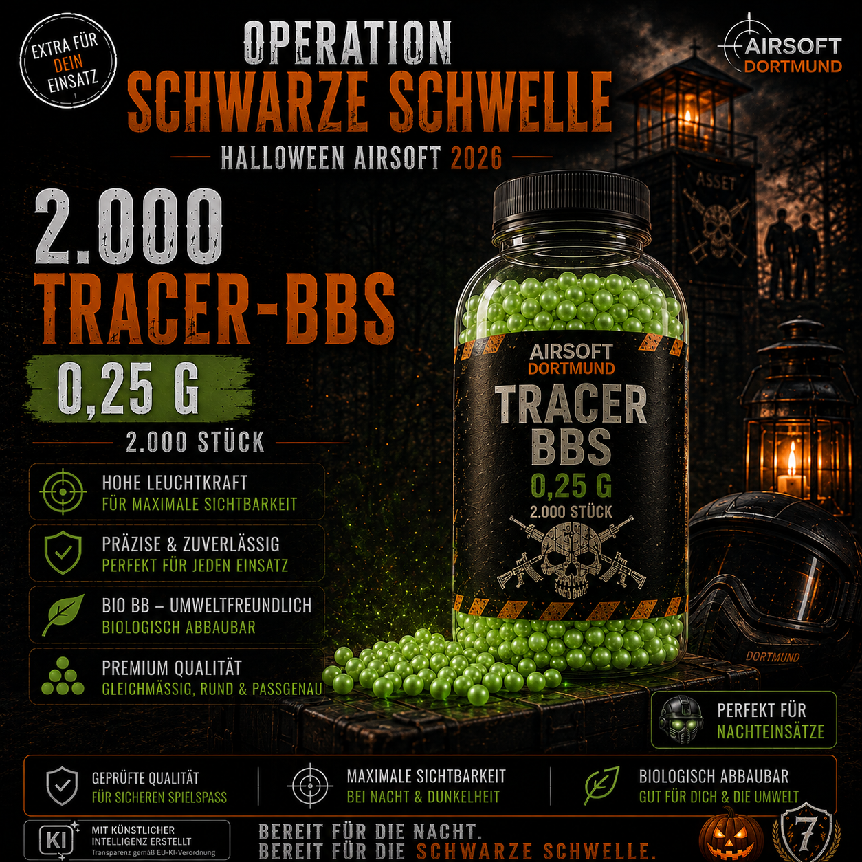 2.000 Tracer-BBs. 0,25 g. Bereit für die Schwarze Schwelle